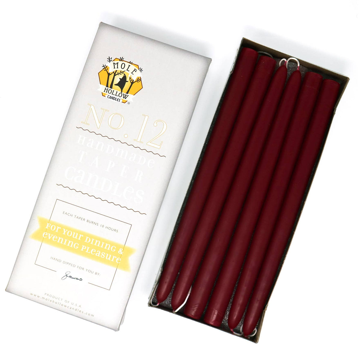 12" Hand Dipped Taper Candles USA Made