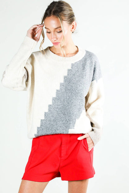 Neutral Color Block Knit Sweater