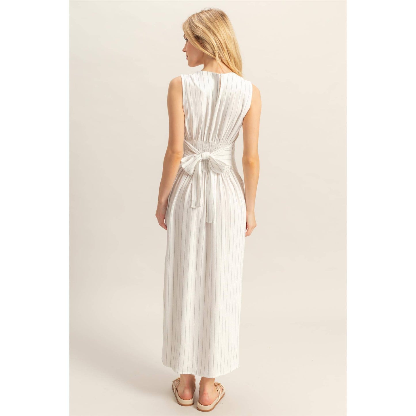 Striped Rayon Linen Side Slit Maxi Dress