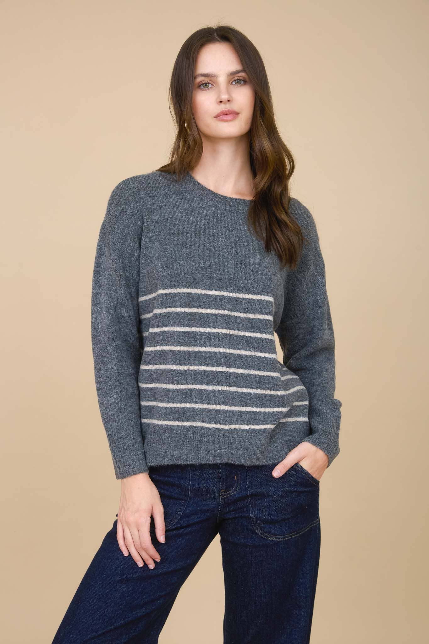 Stripe Front Seam Detail Long Sleeve Sweater