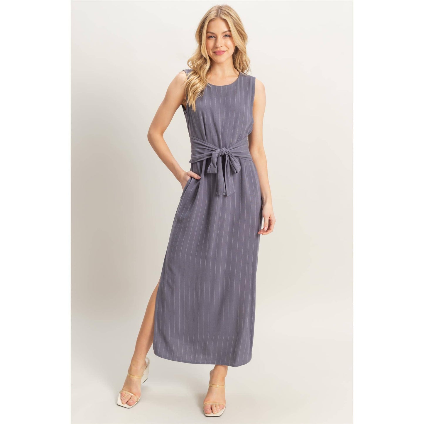Striped Rayon Linen Side Slit Maxi Dress
