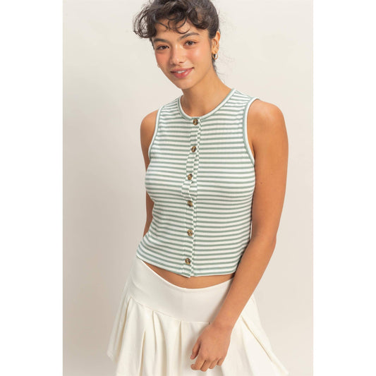 Striped Button-Front Crew Neck Sleeveless Top