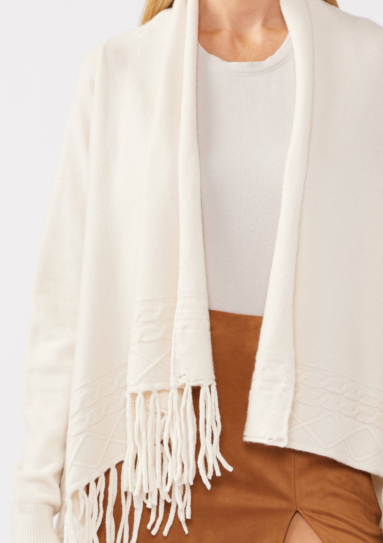 Cowl Neck Fringe Cable Cardigan