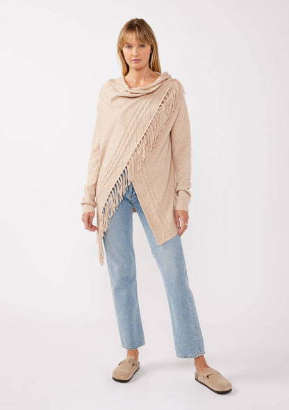 Cowl Neck Fringe Cable Cardigan