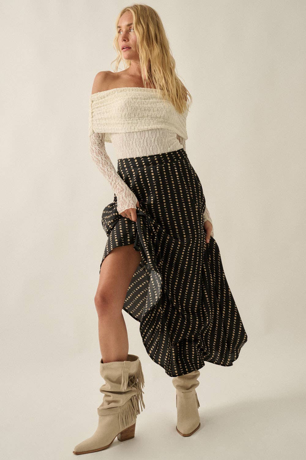 Moon-Print Satin A-Line Maxi Skirt