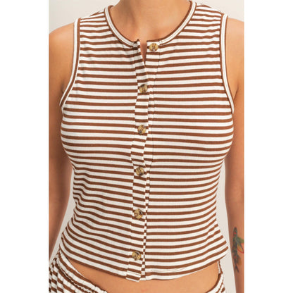 Striped Button-Front Crew Neck Sleeveless Top