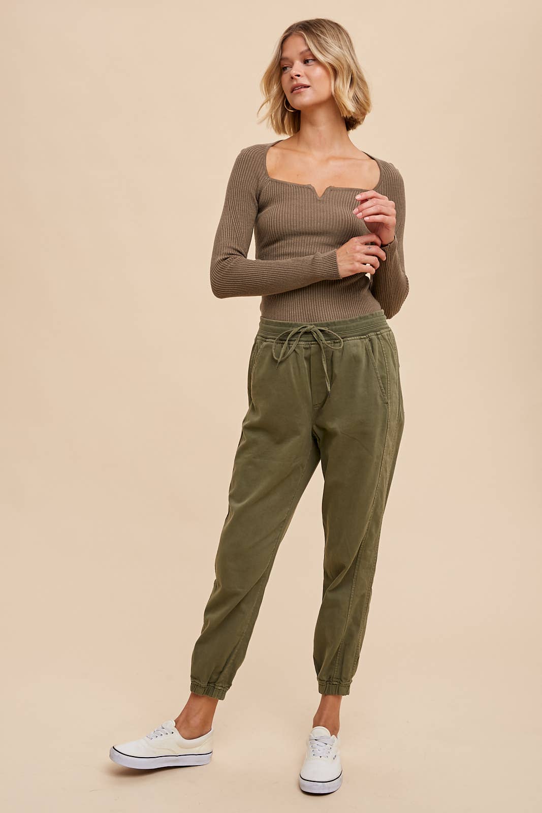 Ribbed Notched V Neck Long Sleeve