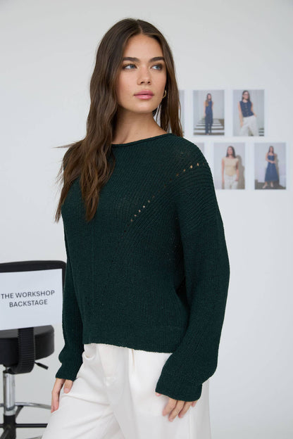 POINTELLE V STITCH ROLLED EDGE KNIT SWEATER (PRE-ORDER)