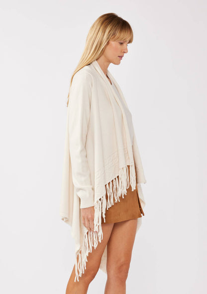 Cowl Neck Fringe Cable Cardigan