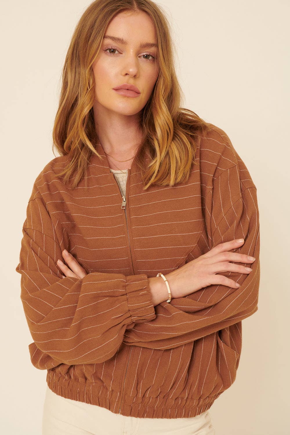 Contrast Pinstripe Zip Up Pocket Bomber Jacket