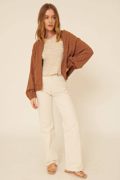 Contrast Pinstripe Zip Up Pocket Bomber Jacket