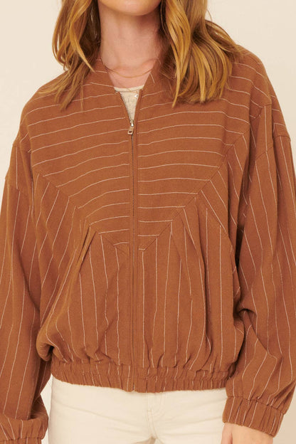 Contrast Pinstripe Zip Up Pocket Bomber Jacket