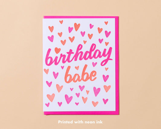 Letterpress Birthday Card—Birthday Babe (Hearts, Colorful)
