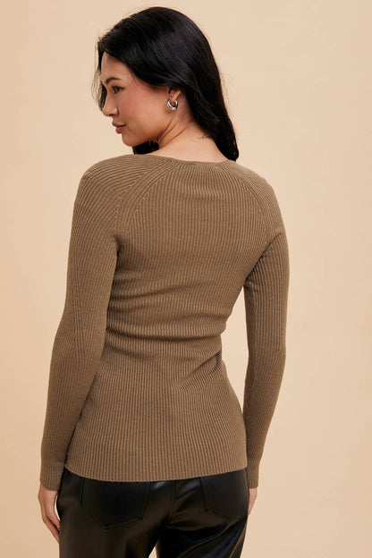 Ribbed Notched V Neck Long Sleeve