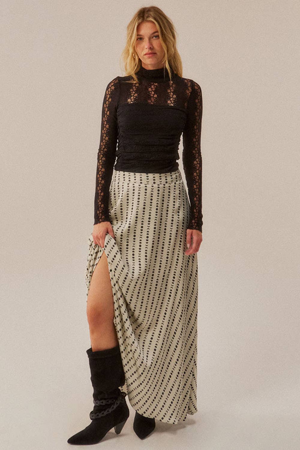 Moon-Print Satin A-Line Maxi Skirt