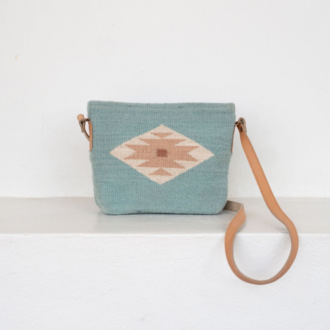 Flor de Cielo Zapotec Wool Crossbody–Leather Trim