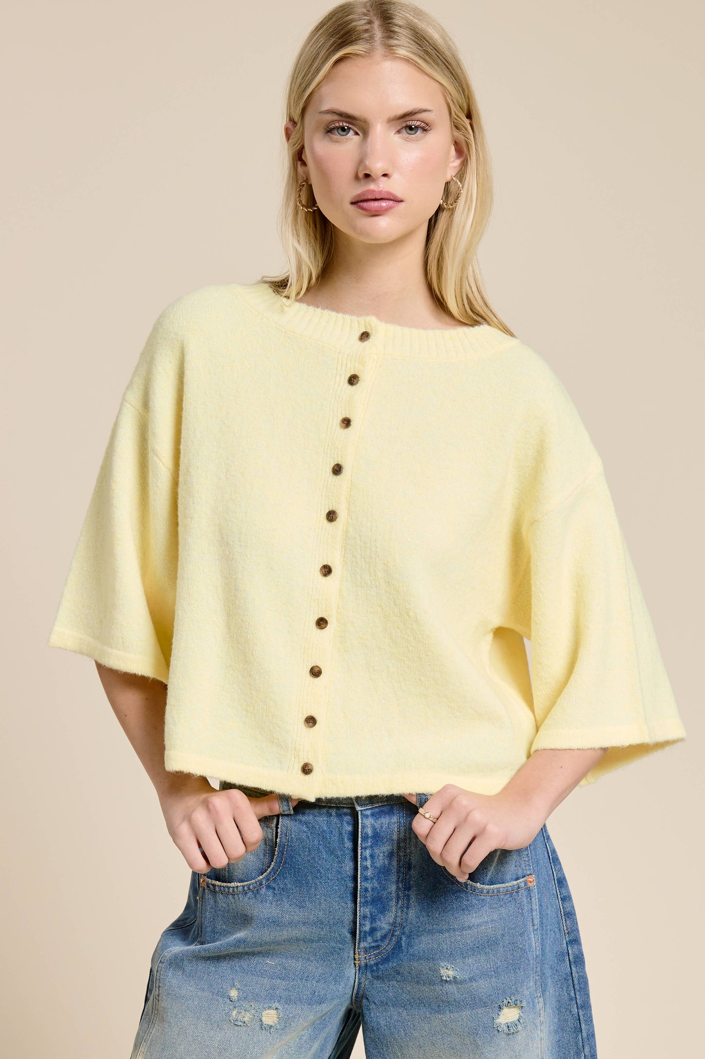 Wide Sleeve Button Front Knit Cardi