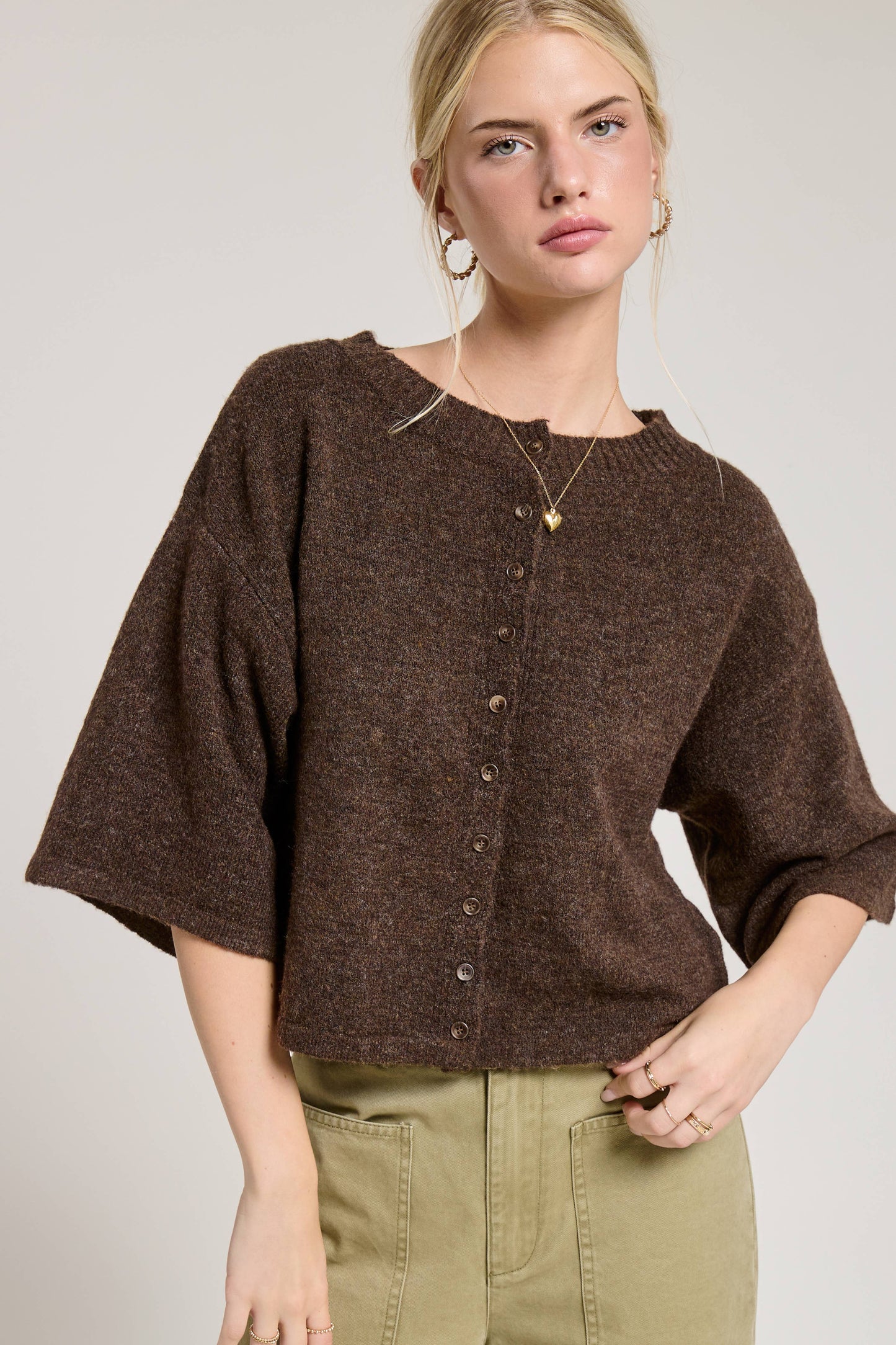 Wide Sleeve Button Front Knit Cardi
