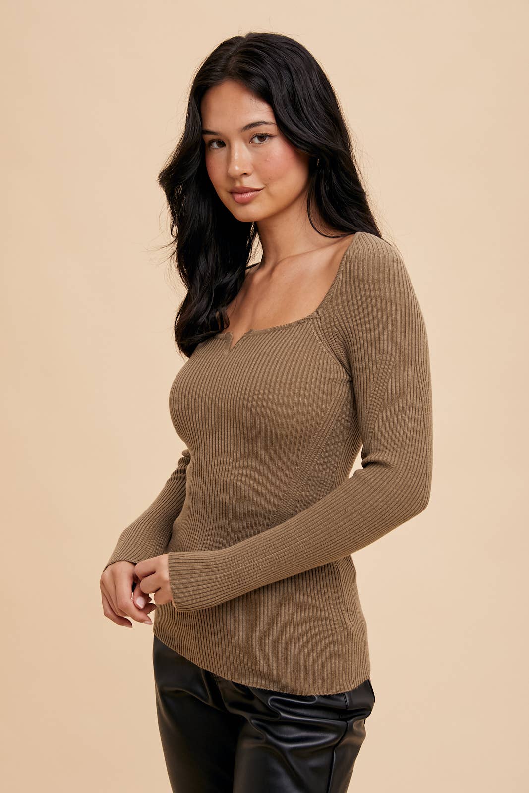 Ribbed Notched V Neck Long Sleeve