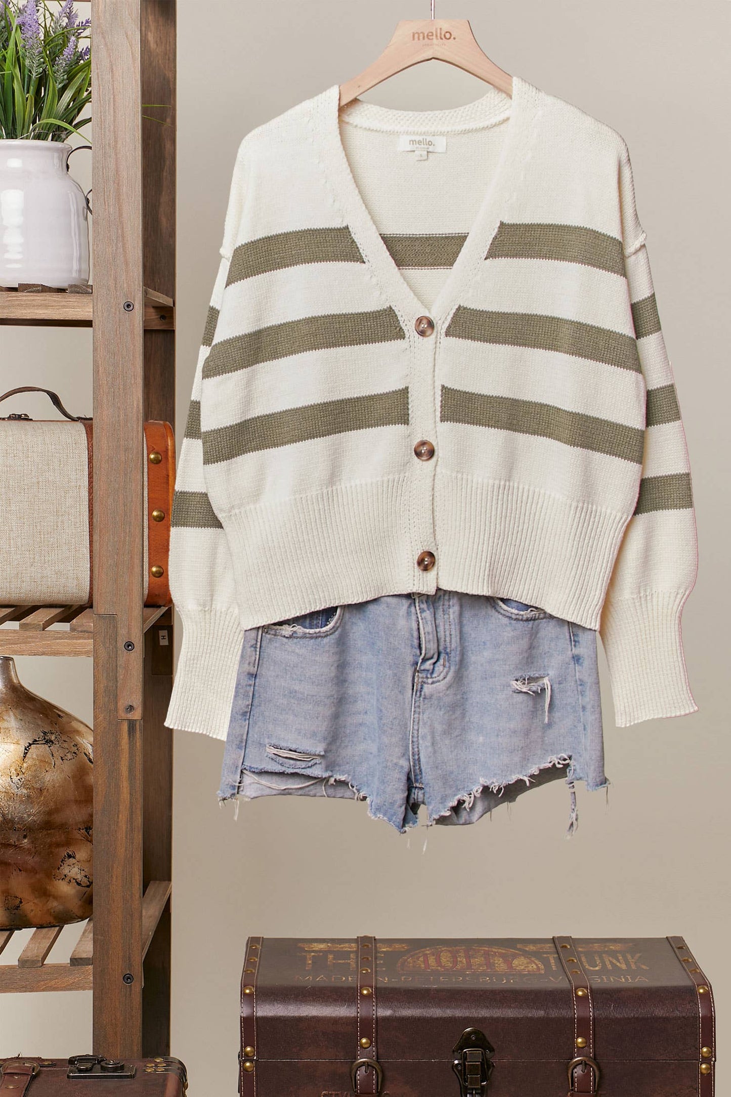 Striped  V Neck Knit Cardigan