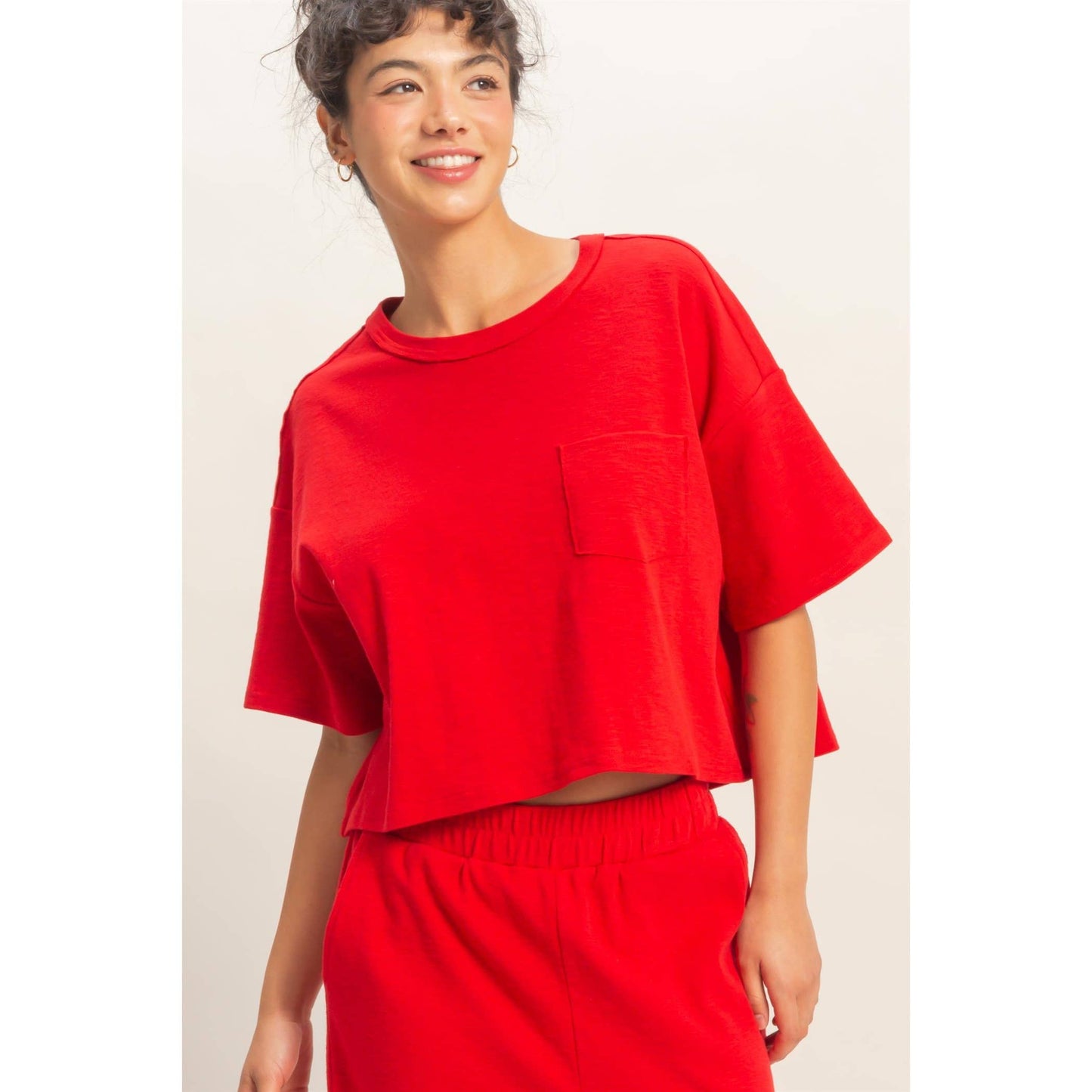 Boxy Crew Neck Top With Pocket