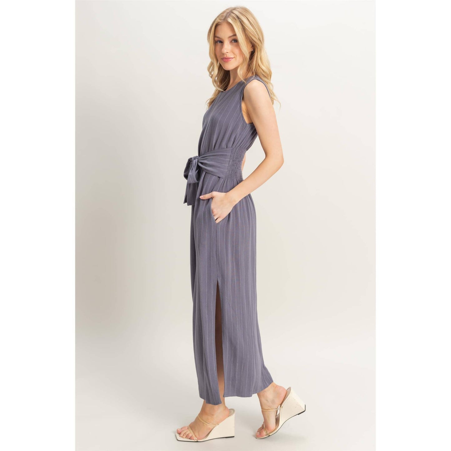Striped Rayon Linen Side Slit Maxi Dress