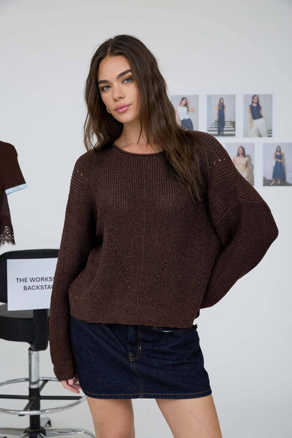 POINTELLE V STITCH ROLLED EDGE KNIT SWEATER (PRE-ORDER)
