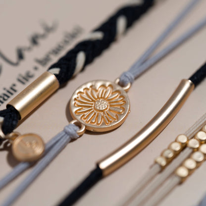 "Inspire" Grey and Black with Gold Flower Accent Hair Tie Bracelets