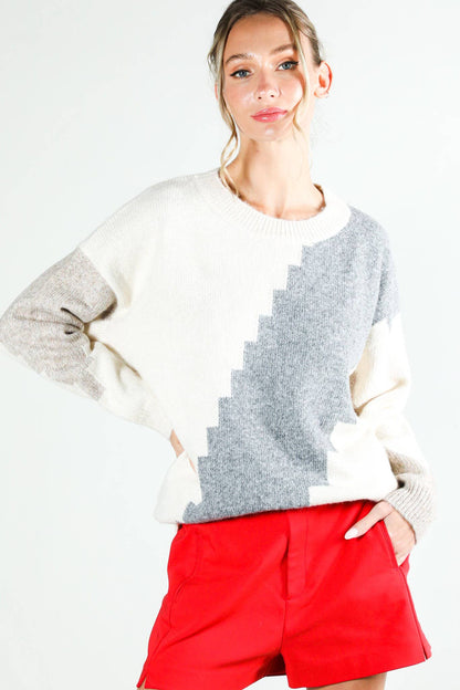 Neutral Color Block Knit Sweater