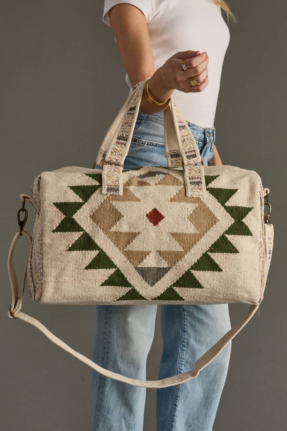 Cream, Green & Tan Western Duffel