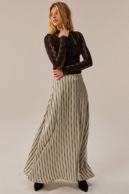 Moon-Print Satin A-Line Maxi Skirt