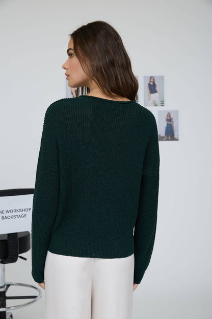 POINTELLE V STITCH ROLLED EDGE KNIT SWEATER (PRE-ORDER)