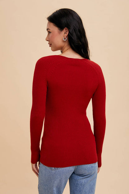 Ribbed Notched V Neck Long Sleeve