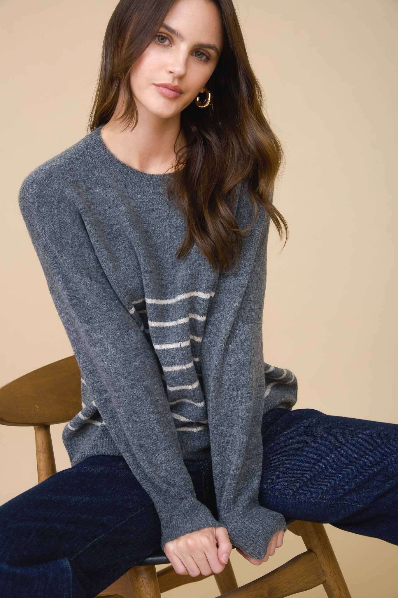 Stripe Front Seam Detail Long Sleeve Sweater
