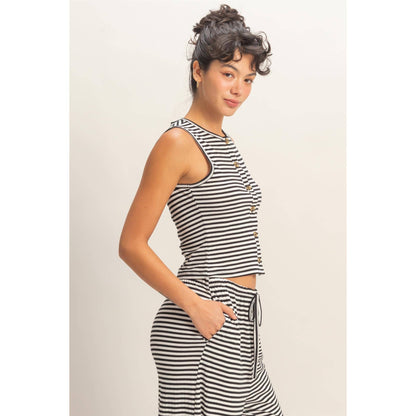Striped Button-Front Crew Neck Sleeveless Top