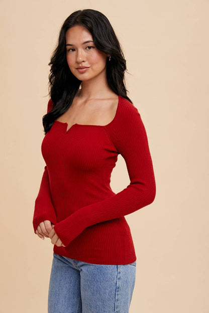 Ribbed Notched V Neck Long Sleeve