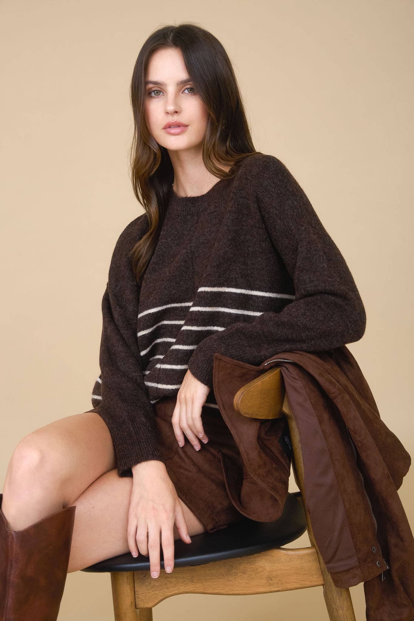Stripe Front Seam Detail Long Sleeve Sweater