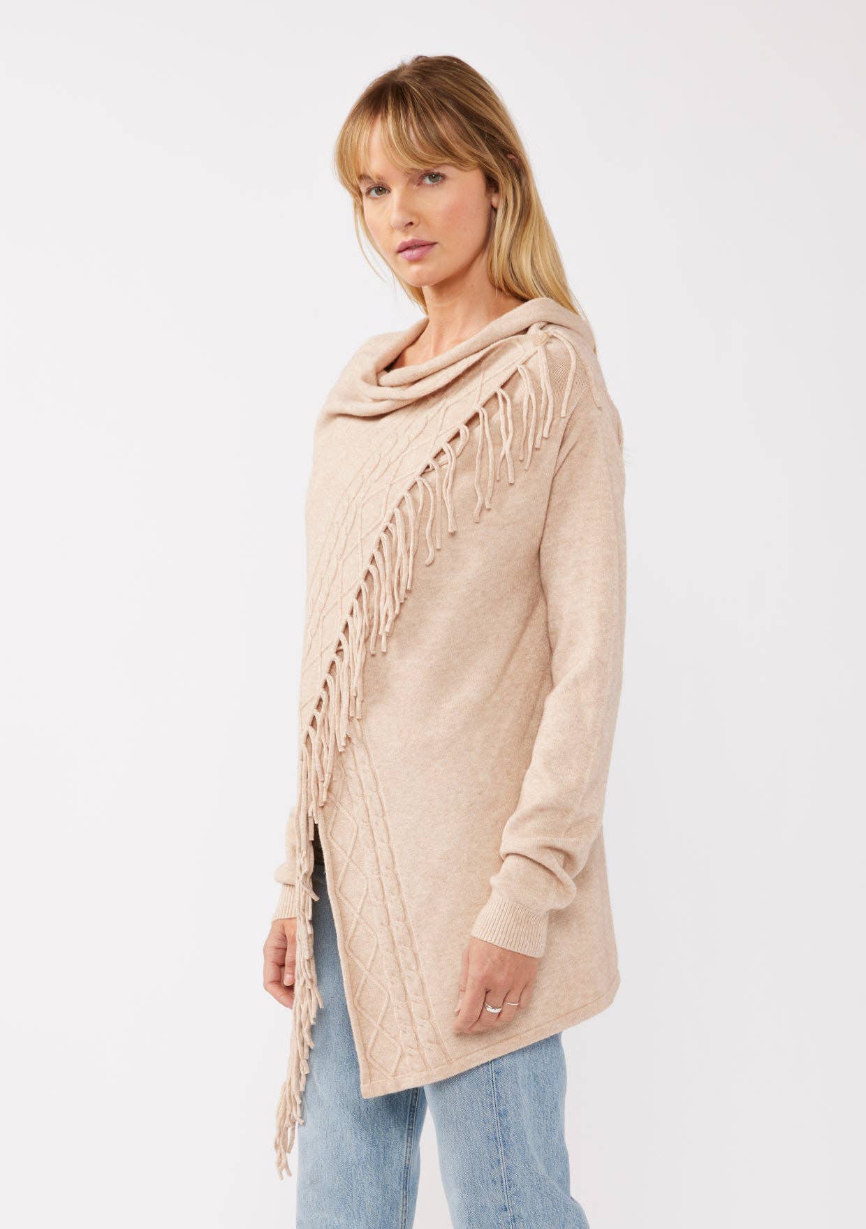 Cowl Neck Fringe Cable Cardigan