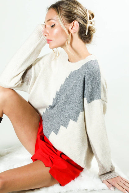 Neutral Color Block Knit Sweater