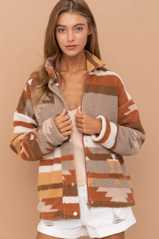 Aztec Soft Cozy Zip Up Lined Snap Up Jacket